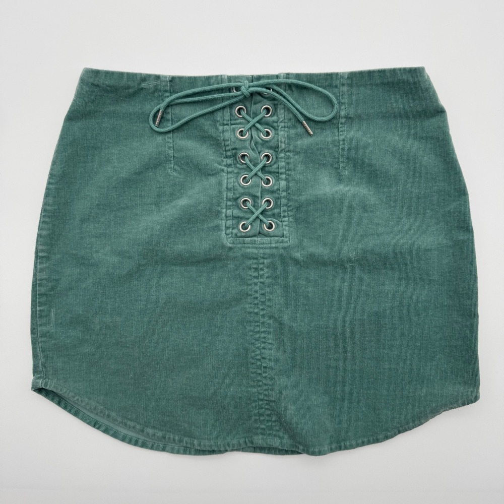 Forever 21 Teal Green Corduroy Lace Up Front Mini Skirt Size Small